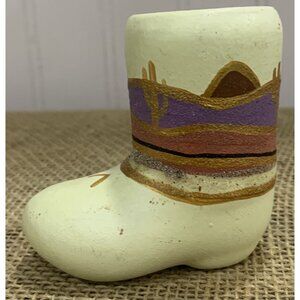 Vintage Southwestern Boot-Shaped Clay Vase With Cactus Desert Motif